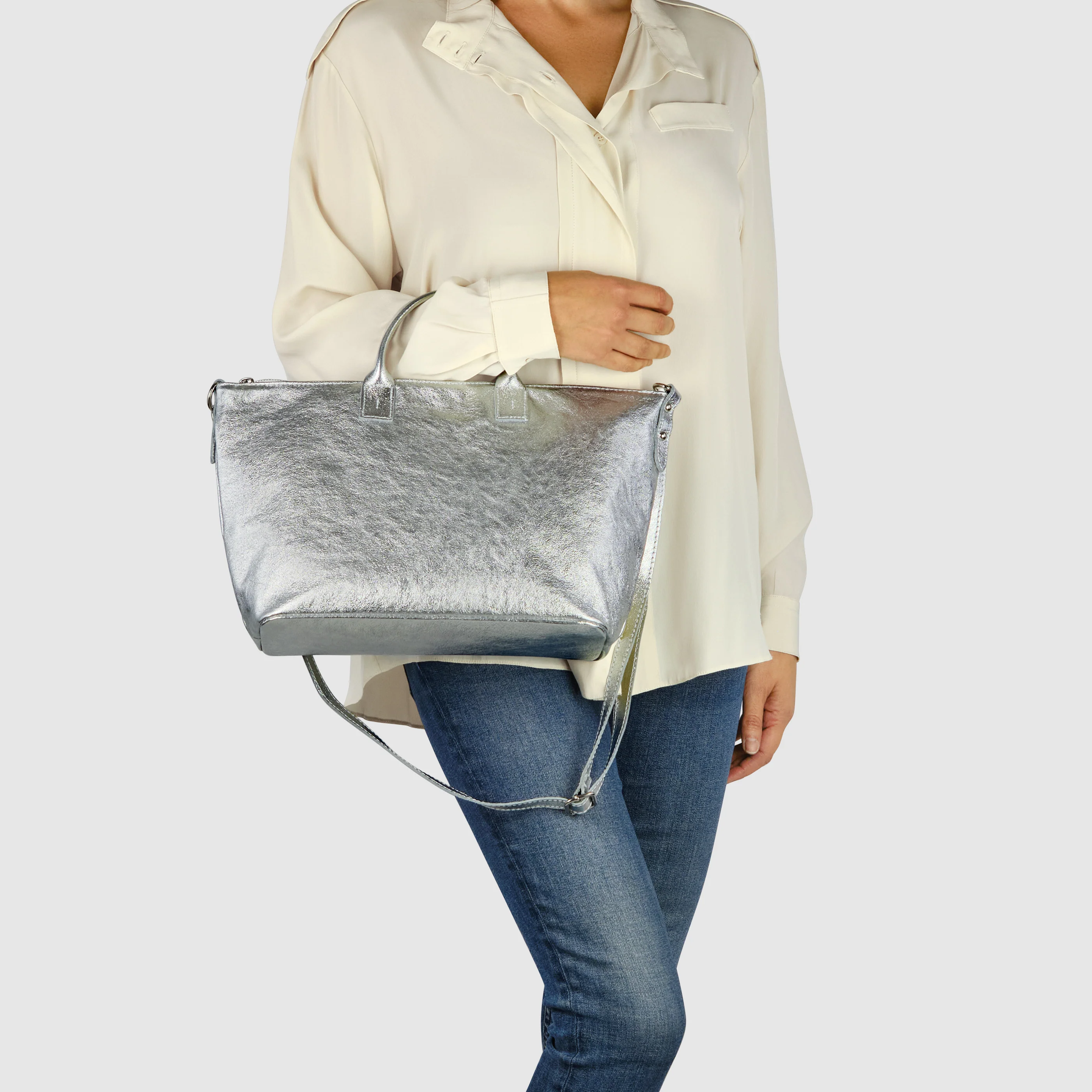 Metallic Suede Leather Top-Handle Bag